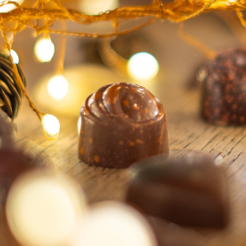 Close-up of chocolate truffles with blurred lights in the background