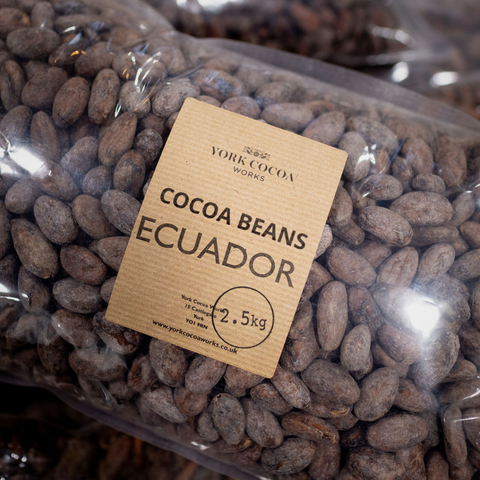 Packaged cocoa beans with a York Cocoa Works label
