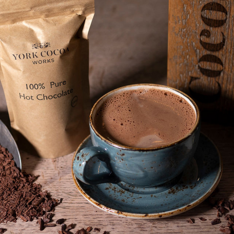 Pure 100% Hot Chocolate 150g Packet with full mug of hot chocolate
