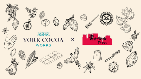 Collaboration between York Cocoa Works and Visit York Pass on a beige background with illustrations of cocoa-related items.